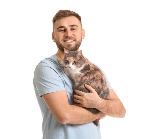 Man with cute cat on white background — Stock Photo, Image