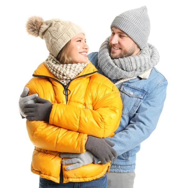 Portrait of happy couple in winter clothes on white background — Stock Photo, Image