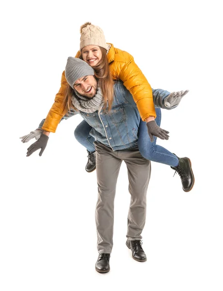 Portrait of happy couple in winter clothes on white background — Stock Photo, Image