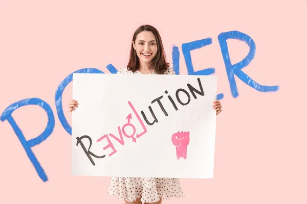 Young woman with poster on color background. Concept of feminism — Stock Photo, Image