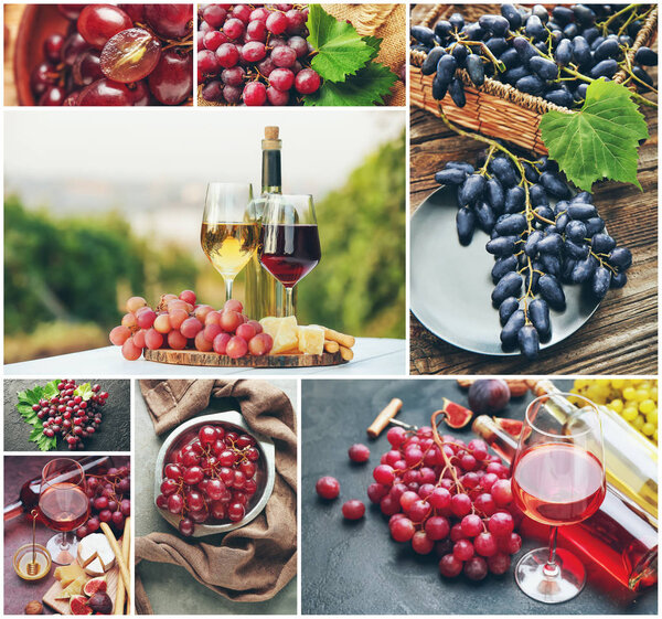 Collage of photos with fresh juicy grapes and tasty wine