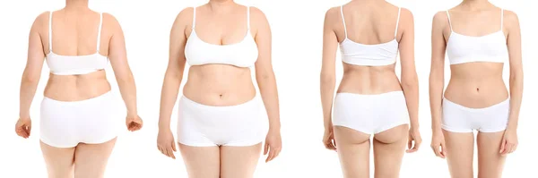 Jonge vrouw voor en na het verlies van het gewicht op witte achtergrond — Stockfoto