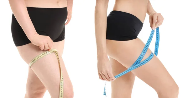 Young woman with measuring tape before and after weight loss on white background — 스톡 사진