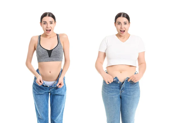 Junge Frau vor und nach Gewichtsverlust auf weißem Hintergrund — Stockfoto