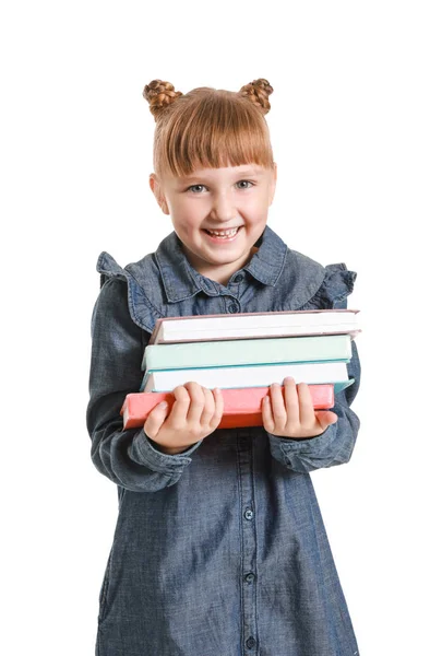 Roztomilá holčička s knihami na bílém pozadí — Stock fotografie