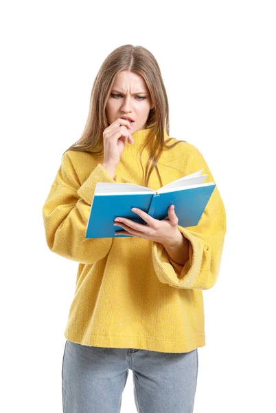 Beautiful young woman with book on white background Stock Image