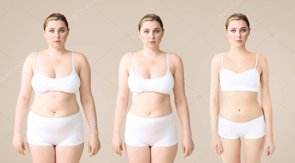 Young woman before and after slimming on color background. Stages of weight loss