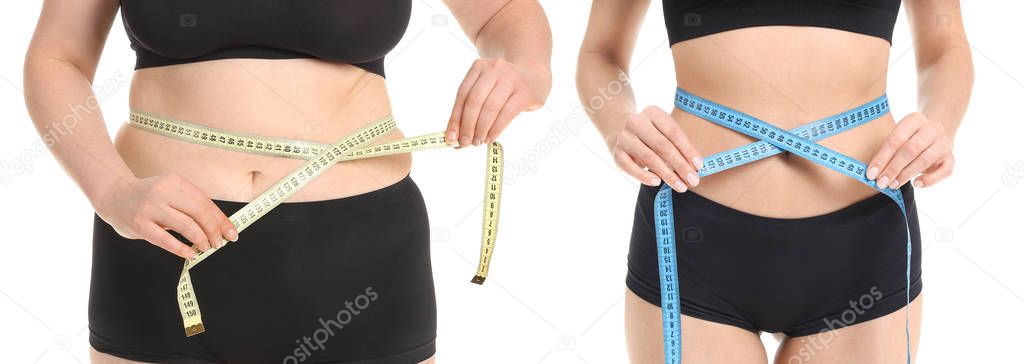 Young woman with measuring tape before and after weight loss on white background