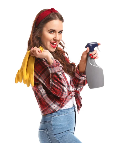 Beautiful housewife with detergent on white background — Stock Photo, Image