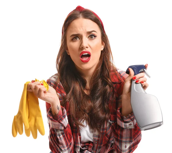 Emotional housewife with detergent on white background — Stock Photo, Image