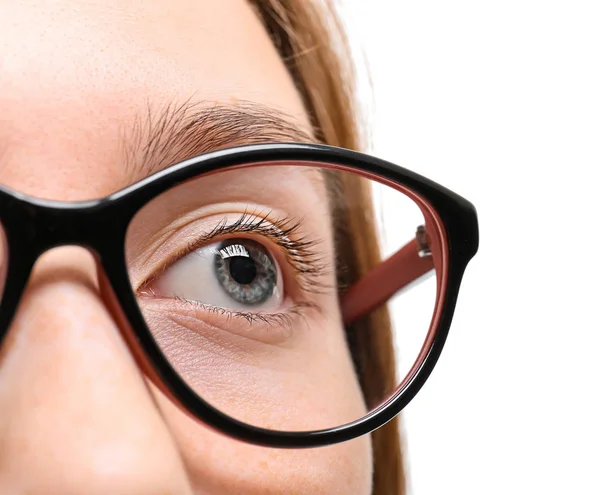 Young woman in stylish eyeglasses on white background, closeup — Stock Photo, Image