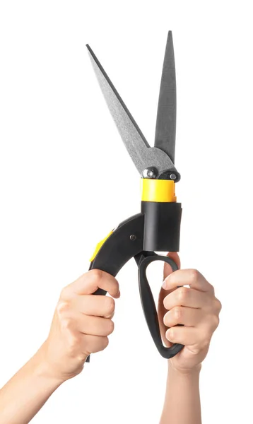 Female hands with pruner for gardening on white background — 스톡 사진