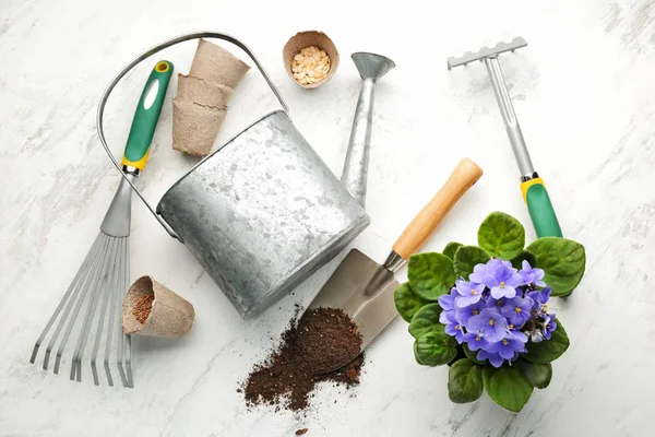 Set van tuinieren benodigdheden op lichte achtergrond — Stockfoto