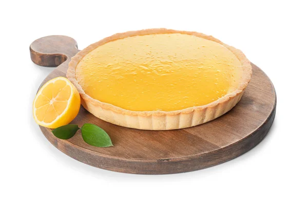 Board with tasty lemon pie on white background — Stock Photo, Image