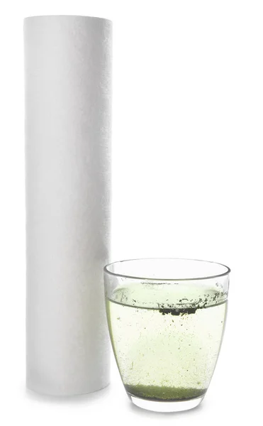 Glass of dirty water and filter on white background — Stock Photo, Image