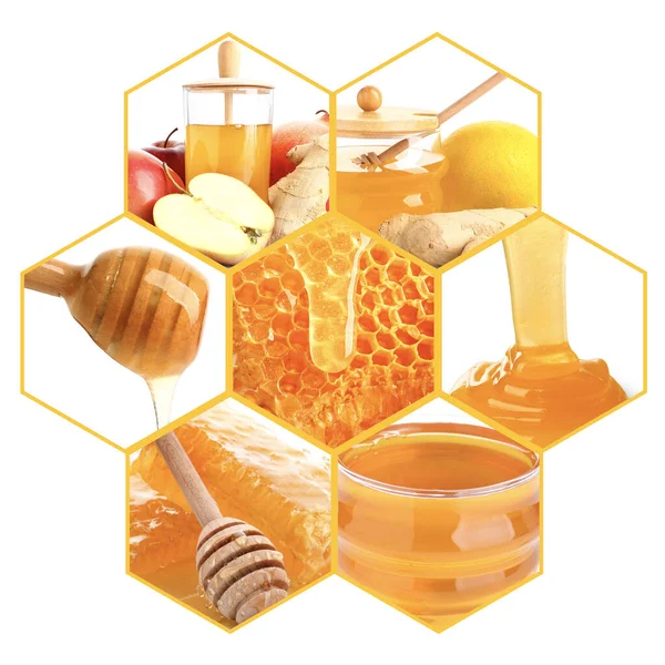 Collage van foto 's met zoete honing op witte achtergrond — Stockfoto