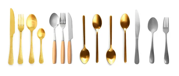 Set dari cutlery yang berbeda di latar belakang putih — Stok Foto