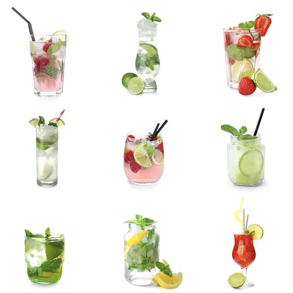 Conjunto de coquetéis de mojito frescos sobre fundo branco — Fotografia de Stock