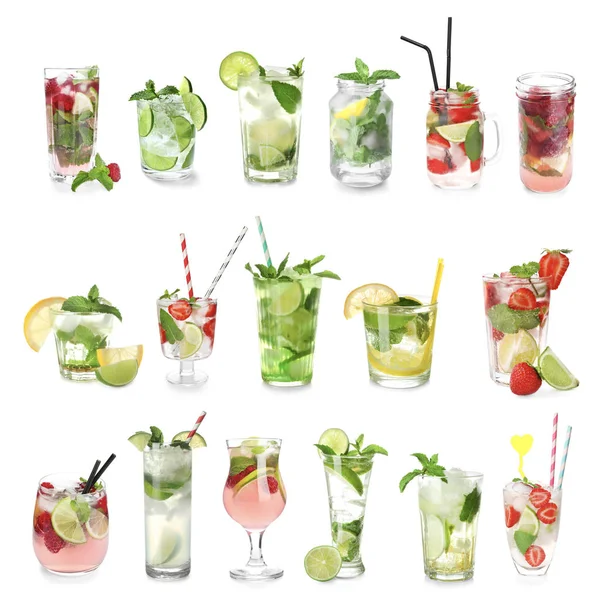 Set de cócteles mojitos frescos sobre fondo blanco — Foto de Stock