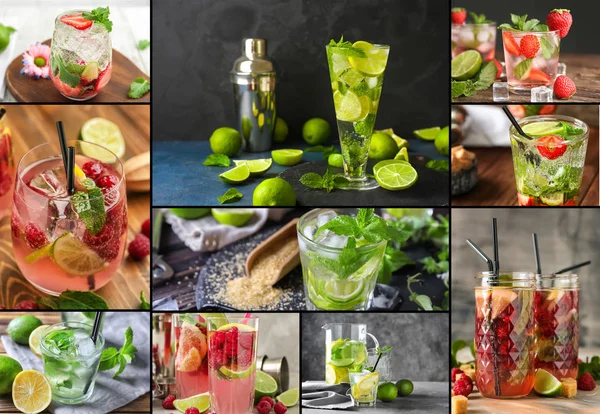 Collage of photos with different fresh mojito cocktails