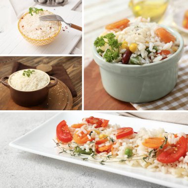 Haşlanmış pirinç ve sebzeli fotoğraf kolajı.