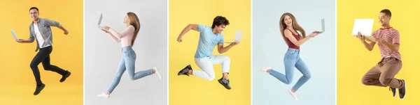 Collage with different jumping people holding their laptops — Stock Photo, Image