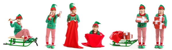 Koláž s holčičkou v kostýmu elfa na bílém pozadí — Stock fotografie
