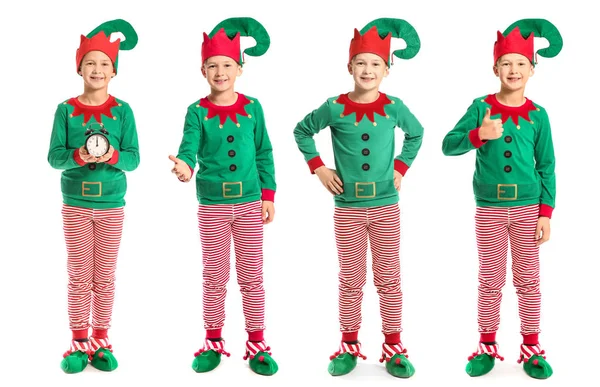 Collage con bambino in costume da elfo su sfondo bianco — Foto Stock
