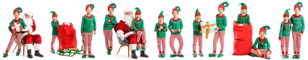 サンタクロースと小さなエルフの子供たちとのコラージュ白い背景 — ストック写真