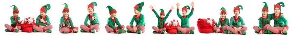 Collage with little children in costumes of elves on white background — Stockfoto