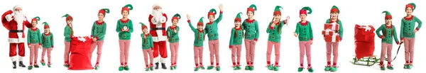 Noel Baba ve beyaz arka planda küçük elf çocuklarıyla kolaj — Stok fotoğraf