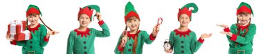 Beyaz arka planda elf kostümlü küçük çocuklarla kolaj