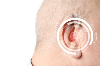 Senior man with hearing aid on white background, closeup clipart