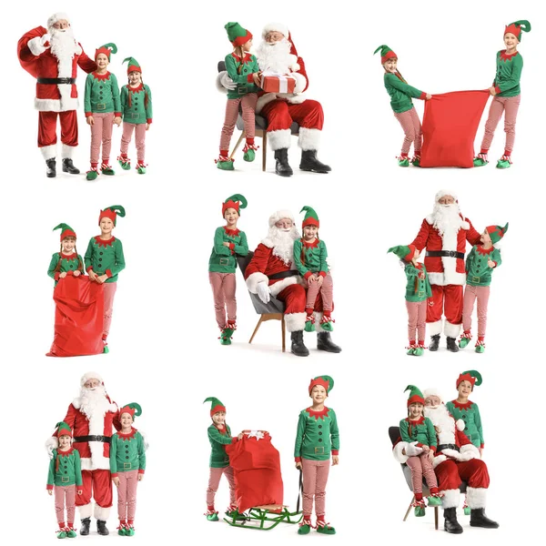 Collage mit Weihnachtsmann und kleinen Elfenkindern auf weißem Hintergrund — Stockfoto