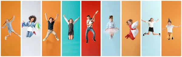 Collage of photos with different jumping children — 스톡 사진