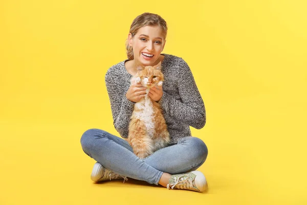 Mulher bonita com gato bonito no fundo de cor — Fotografia de Stock