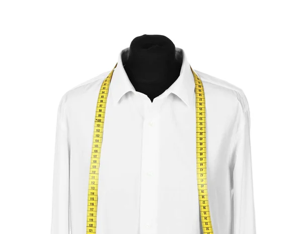 Mannequin with custom tailored shirt and measuring tape on white background — Stock Photo, Image