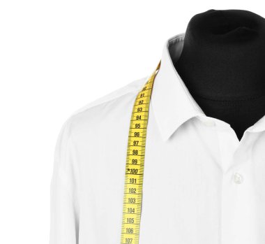 Mannequin with custom tailored shirt and measuring tape on white background, closeup clipart