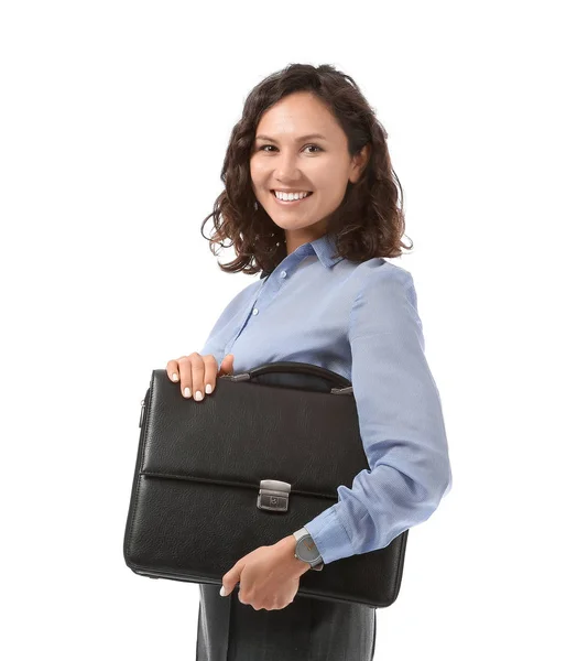 Portrait of beautiful businesswoman with briefcase on white background — Stockfoto