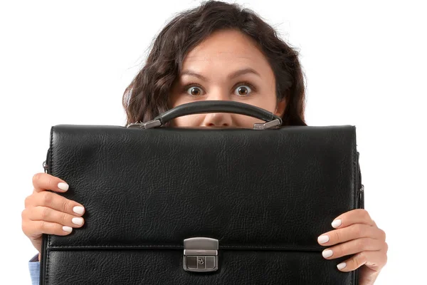 Portrait of shocked businesswoman with briefcase on white background — Stockfoto