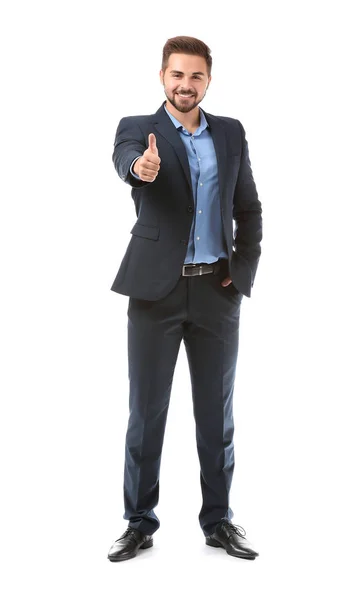 Portrait of handsome businessman showing thumb-up gesture on white background — Stock Photo, Image