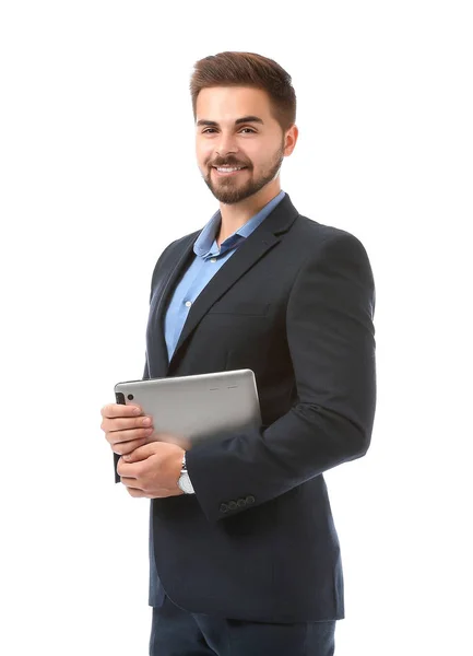 Retrato de hombre de negocios guapo con Tablet PC sobre fondo blanco — Foto de Stock