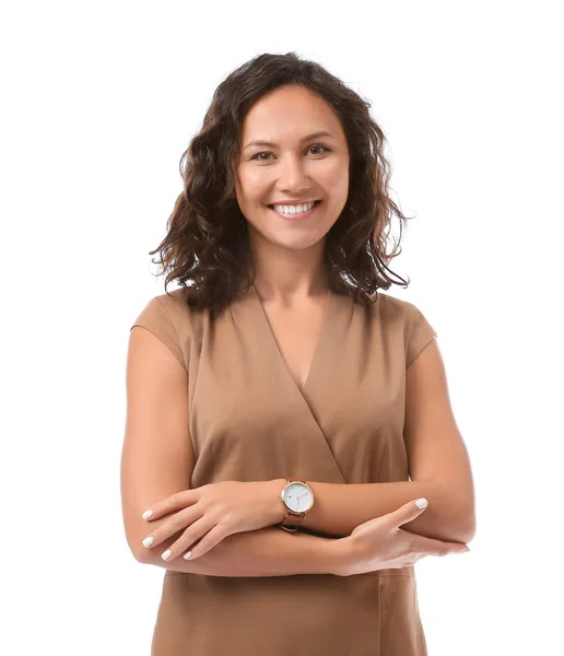 Portret van prachtige zakenvrouw op witte achtergrond — Stockfoto