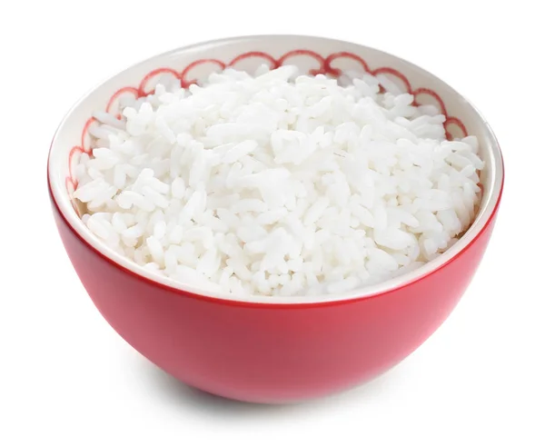 Arroz cozido em tigela no fundo branco — Fotografia de Stock