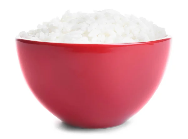 Вареный рис в миске на белом фоне — стоковое фото