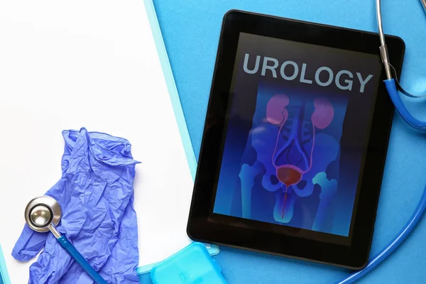 Tabletcomputer met beeld van urogenitaal systeem op het scherm, stethoscoop en handschoenen op kleur achtergrond — Stockfoto