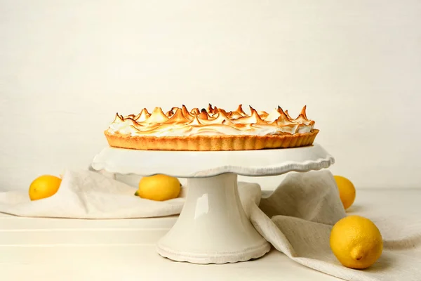 Dessert stand with tasty lemon pie on table — Stock Photo, Image
