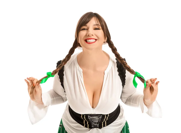 Giovane donna divertente su sfondo bianco. Festa di San Patrizio — Foto Stock