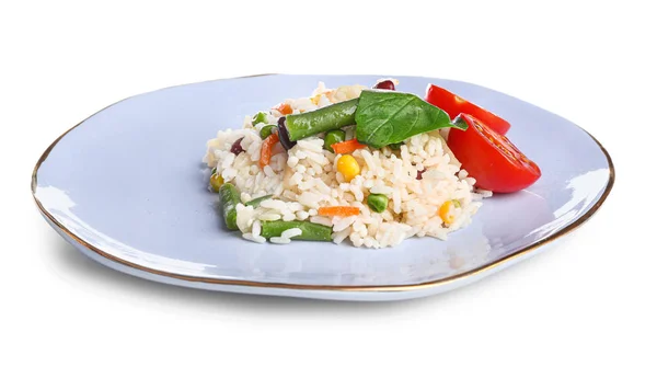 Plate with boiled rice and vegetables on white background — Stock Photo, Image