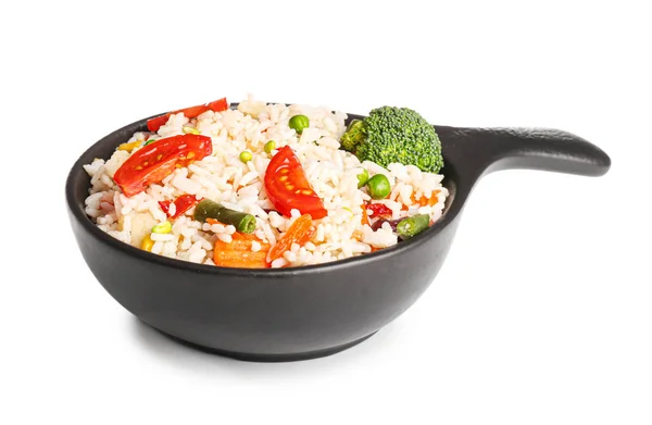 Boiled rice with vegetables in frying pan on white background — Stock Photo, Image